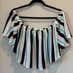 Off-Shoulder Striped Ruffle Top - Black, White & Teal